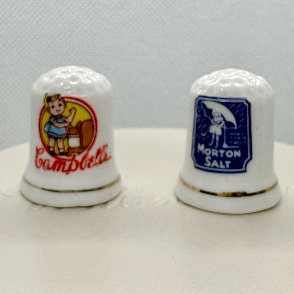 Vintage J.S. N.Y. Advertising Porcelain Thimbles Campbell’s & Morton Salt
